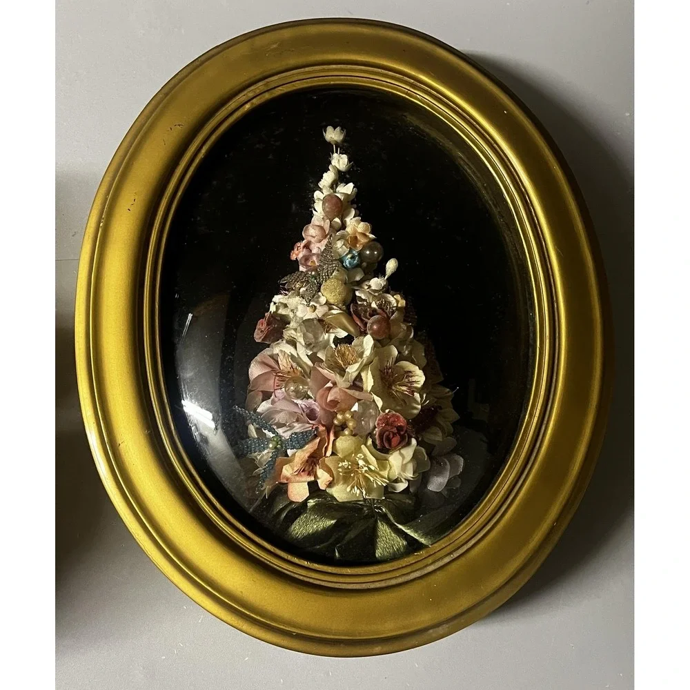 Vintage Victorian Christmas Tree Window Panel Oval Gold Frame Floral Multicolor
